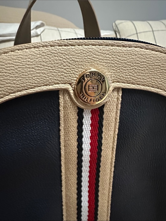 Tommy Hilfiger Black and Beige Backpack with Red-White-Black Stripe